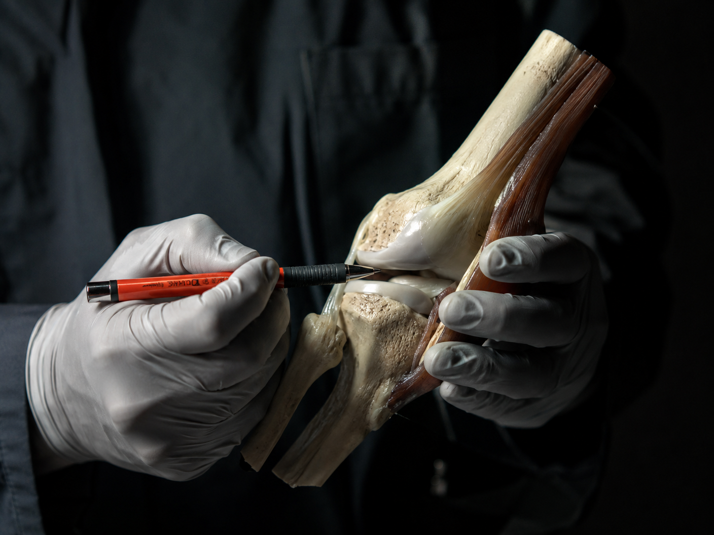 Surgeon pointing to a knee joint model